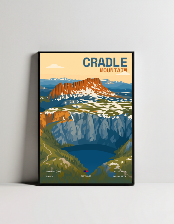 Cradle Mountain Tasmania minimalist art print — black framed wall decor by Dunora