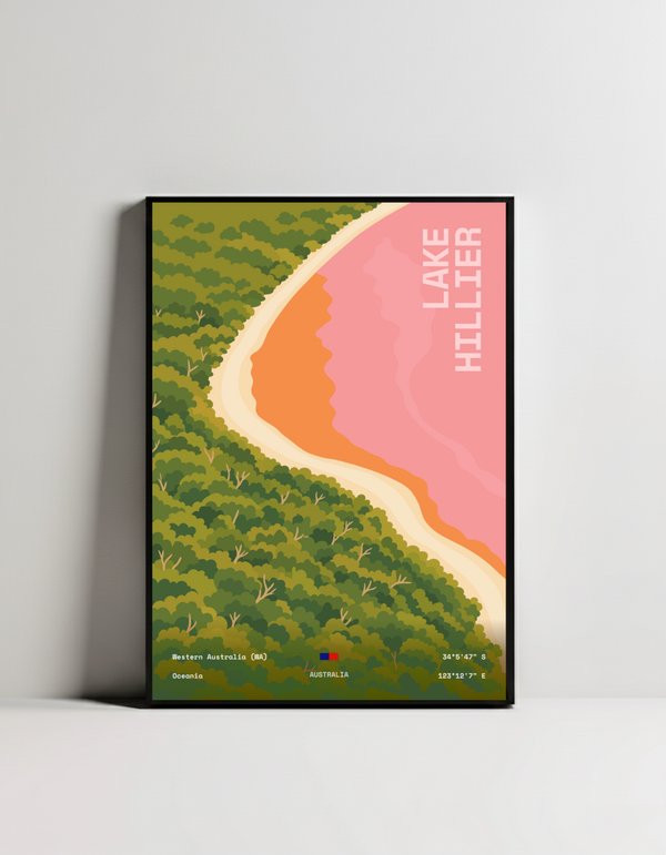 Lake Hillier Western Australia pink lake minimalist art print — black framed wall decor by Dunora