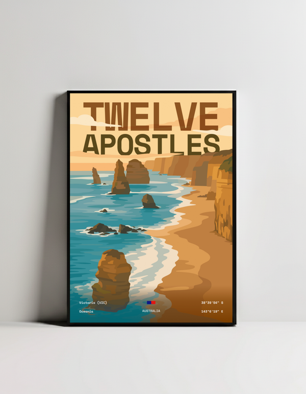 Twelve Apostles Great Ocean Road minimalist art print — black framed wall decor by Dunora