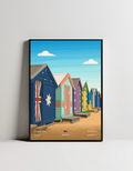 Framed artwork of colorful beach huts with a blue sky and clouds.