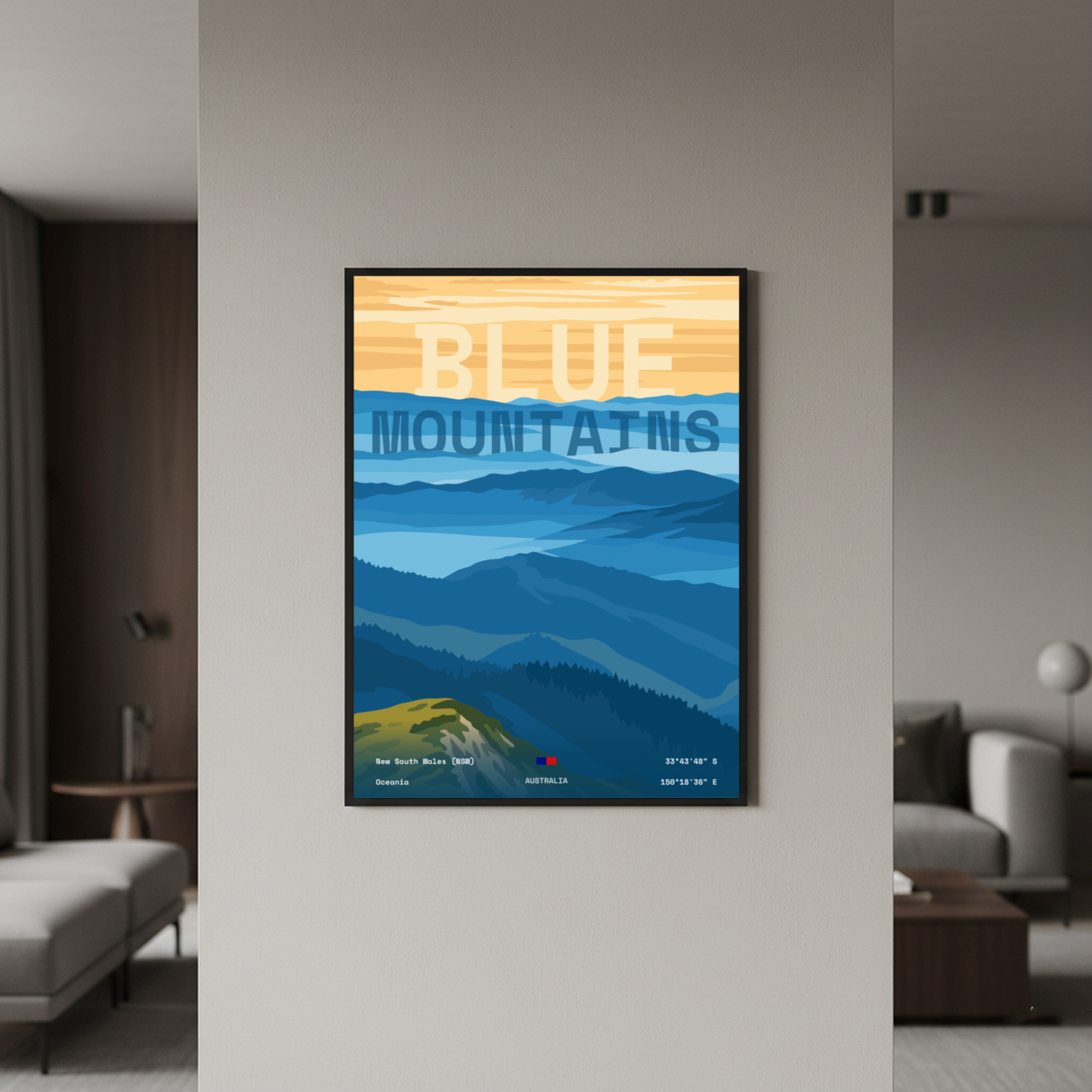 Blue Mountains Australia minimalist art print — black frame in lifestyle setting by Dunora
