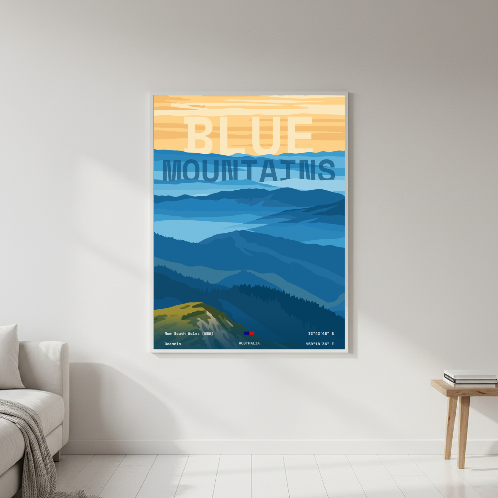 Blue Mountains Australia minimalist art print — white framed wall decor by Dunora