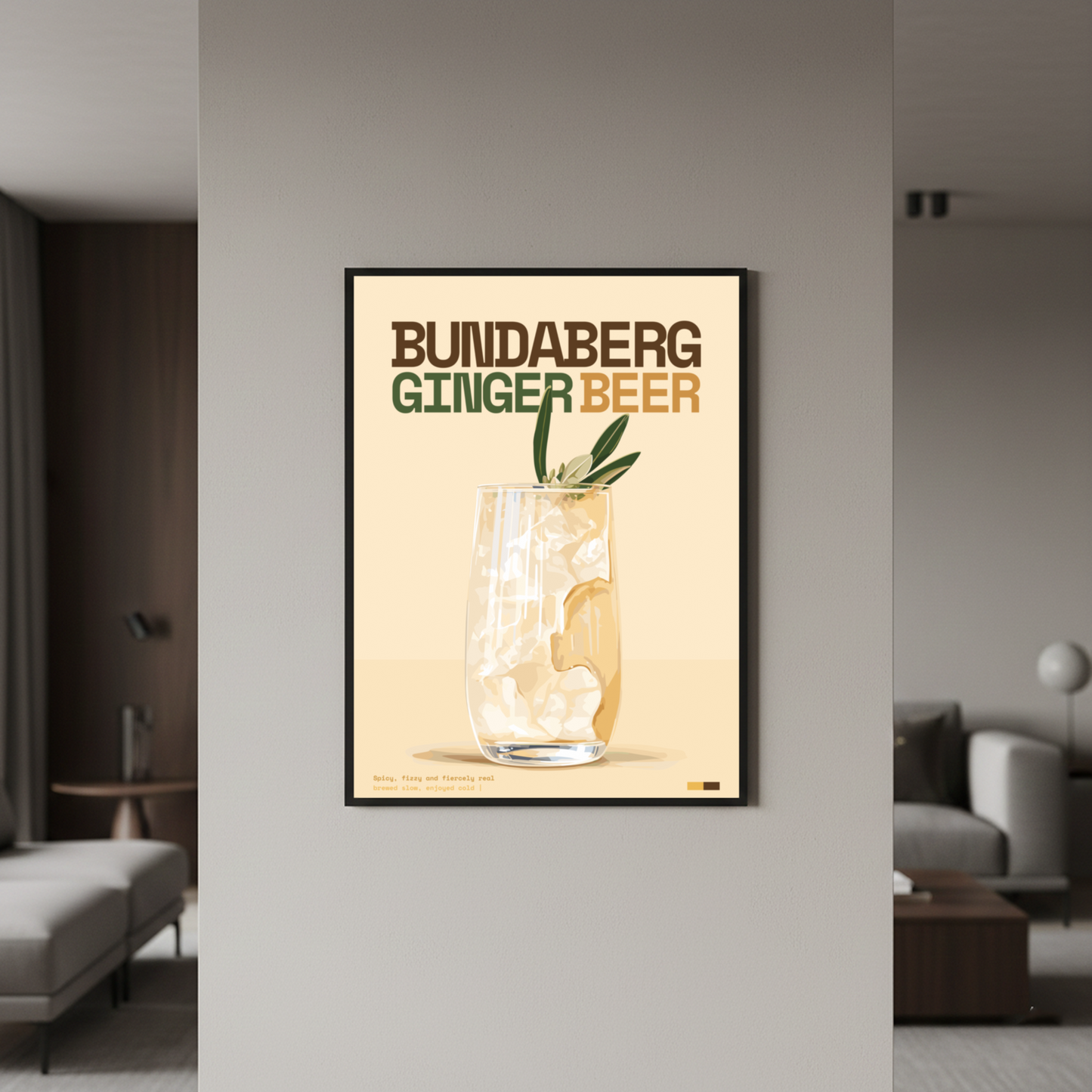 Bundaberg Ginger Beer Art Print — black frame in lifestyle setting by Dunora