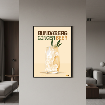 Bundaberg Ginger Beer Art Print — black frame in lifestyle setting by Dunora