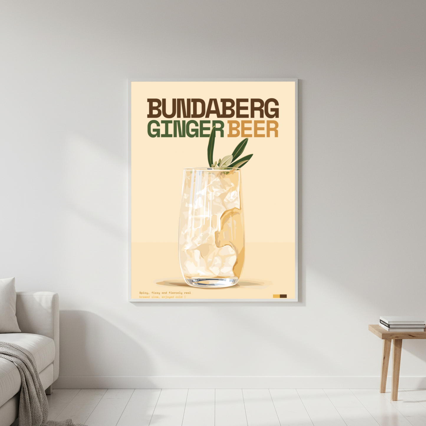 Bundaberg Ginger Beer Art Print — white frame in lifestyle setting by Dunora