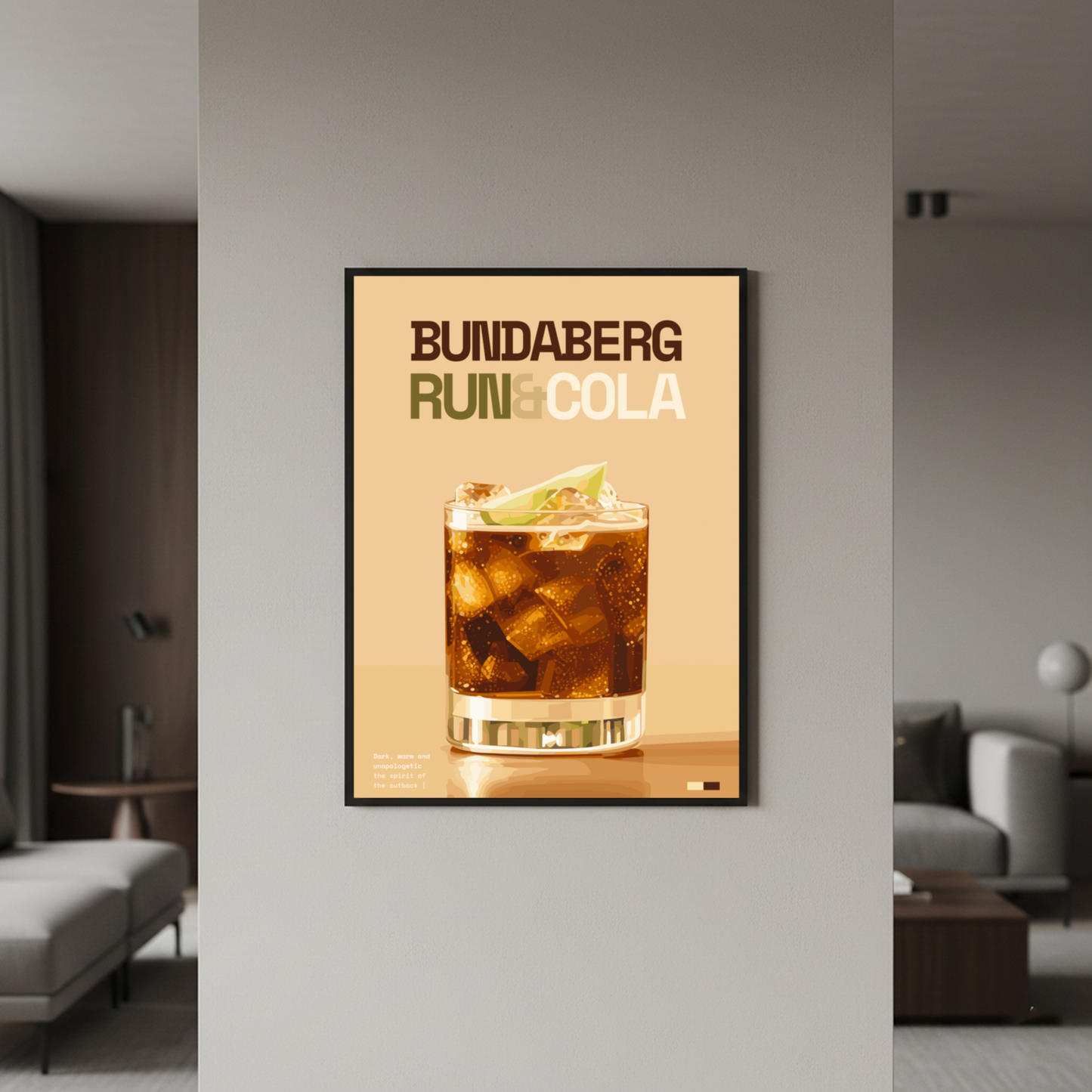Bundaberg Rum & Cola Art Print — black frame in lifestyle setting by Dunora