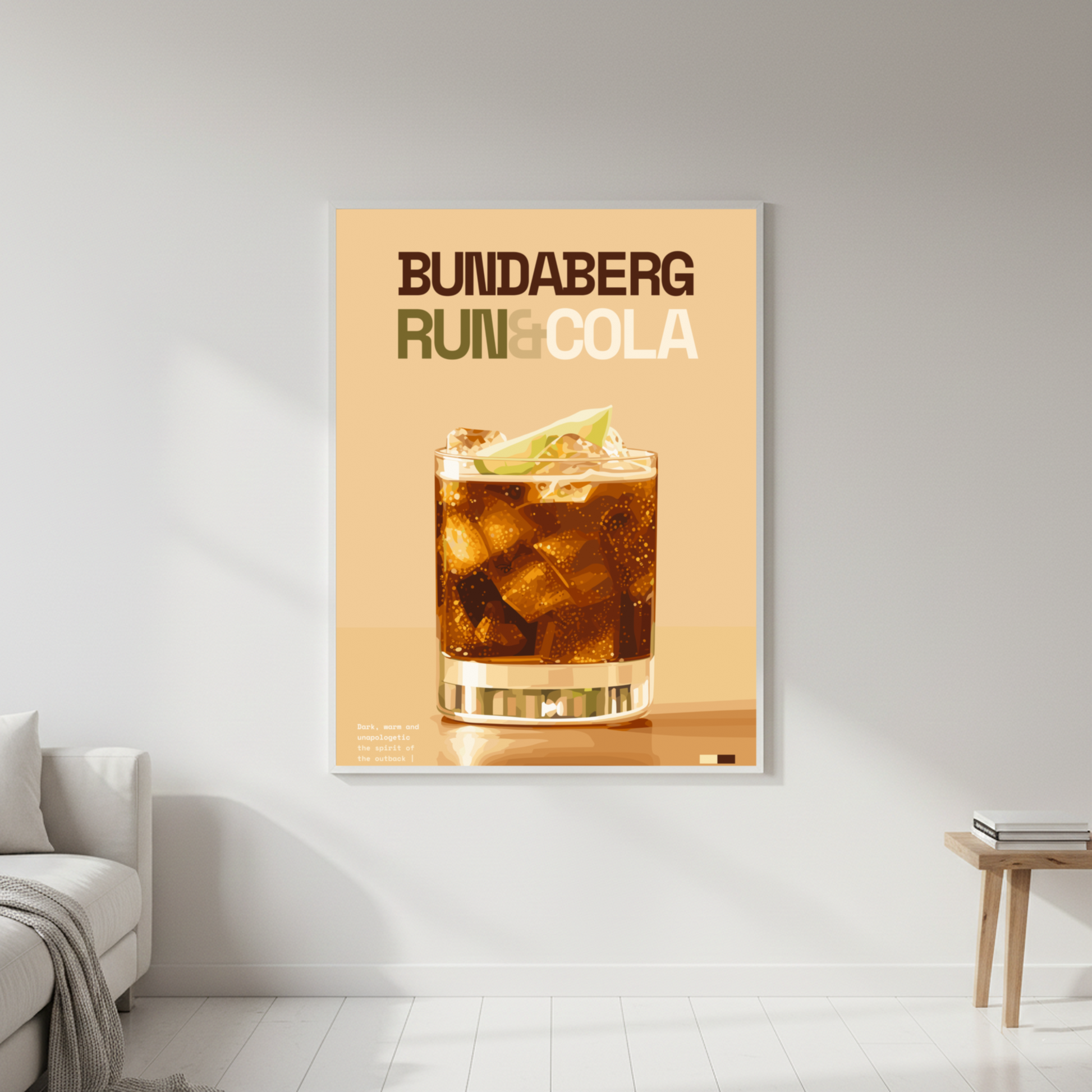 Bundaberg Rum & Cola Art Print — white frame in lifestyle setting by Dunora