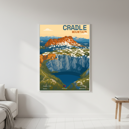 Cradle Mountain Tasmania minimalist art print displayed in a lifestyle setting by Dunora
