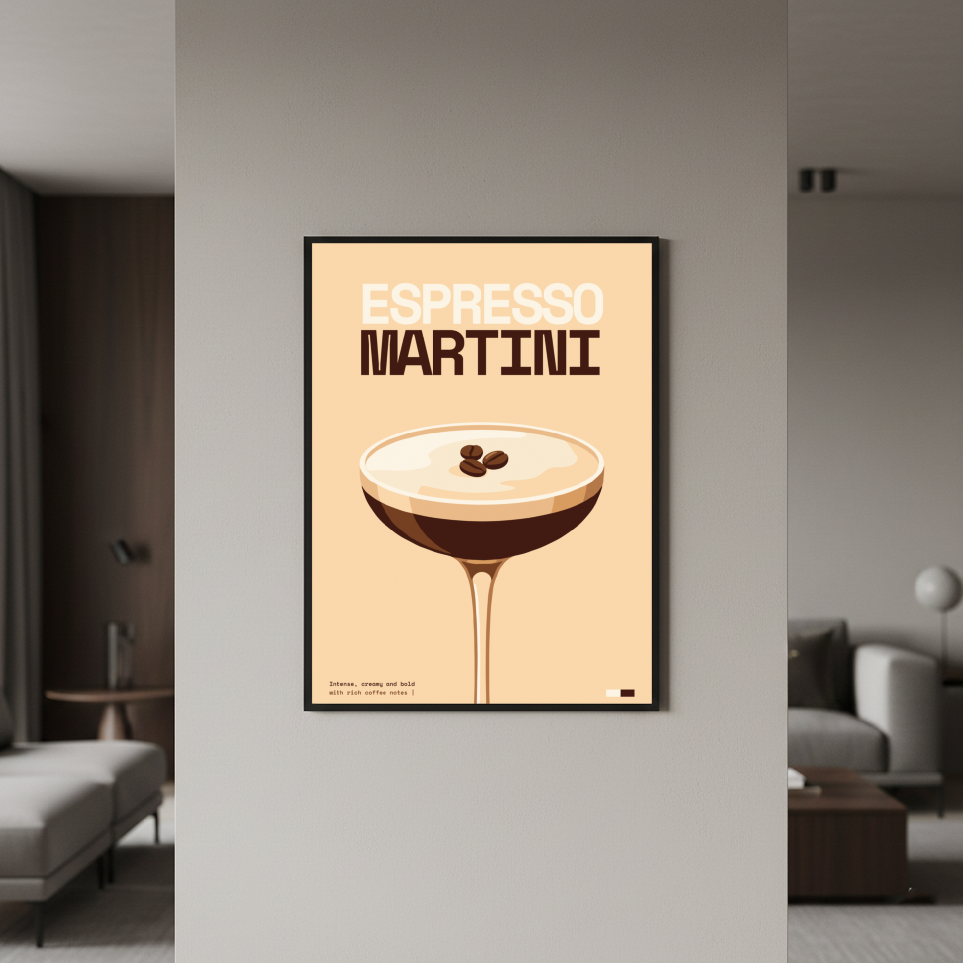 Espresso Martini Art Print — black frame in lifestyle setting by Dunora
