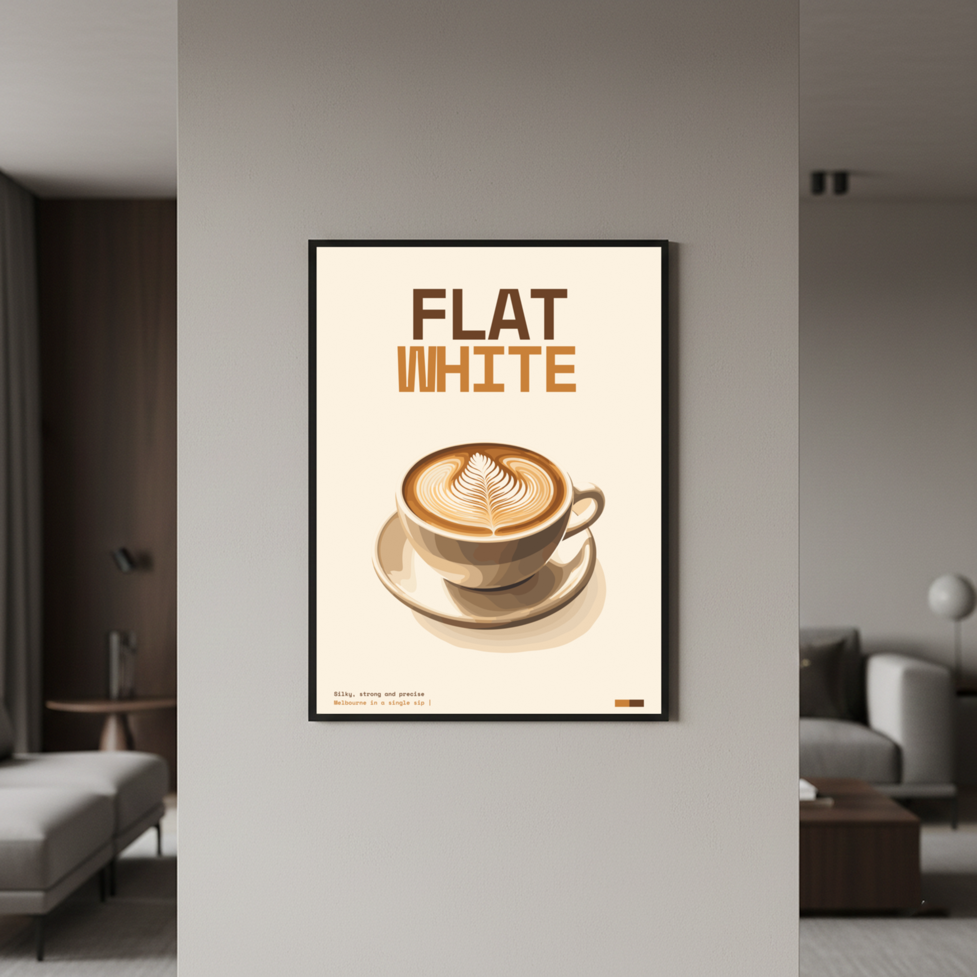 Flat White Art Print — black frame in lifestyle setting by Dunora
