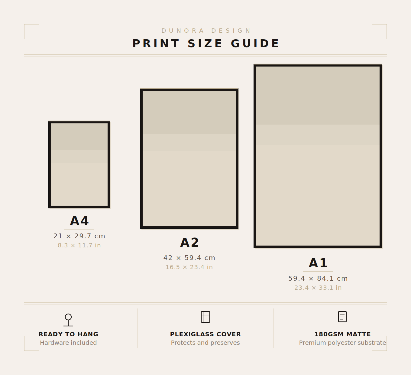 Frame size guide — A4, A2, and A1 dimensions for Dunora minimalist art prints