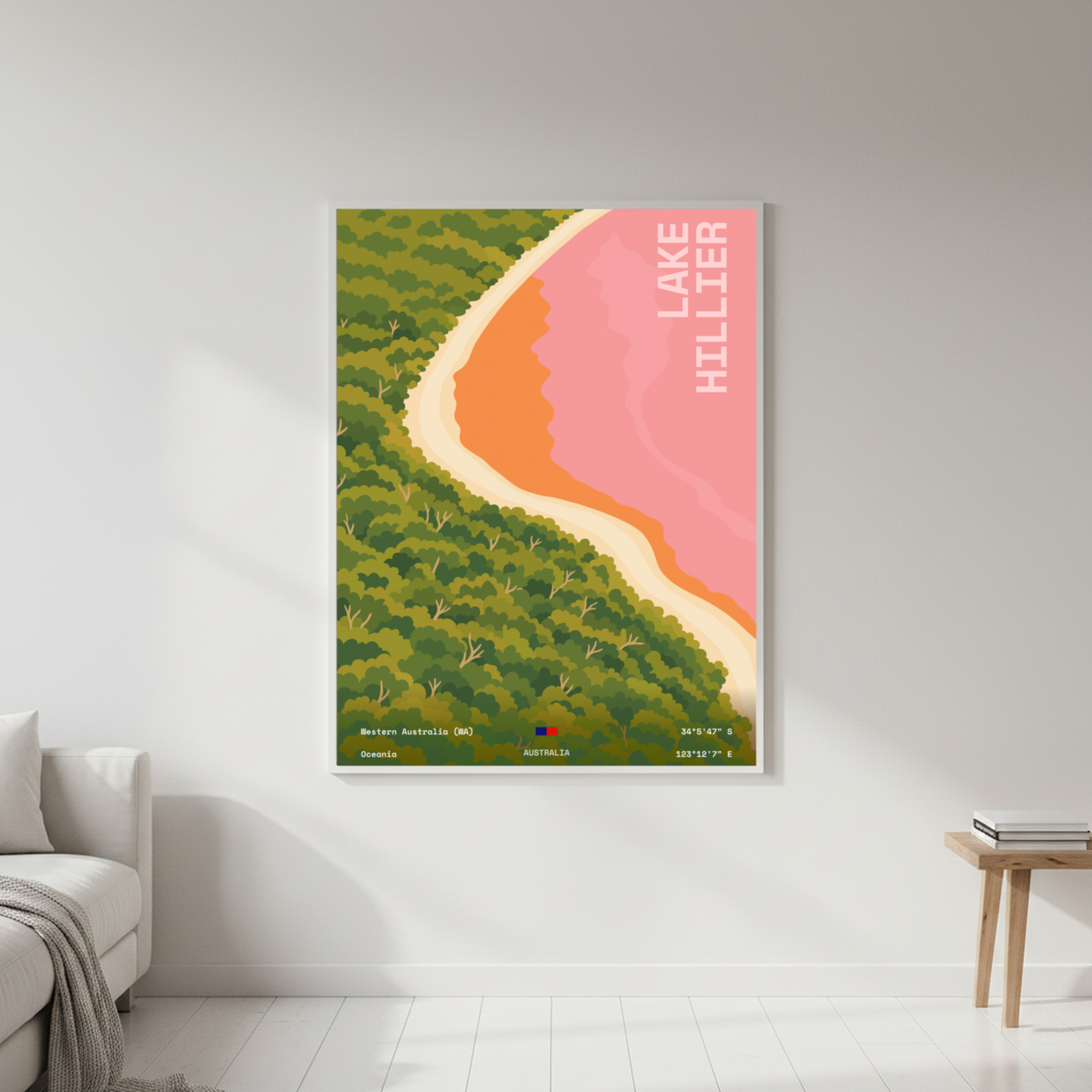 Lake Hillier Western Australia pink lake minimalist art print displayed in a lifestyle setting by Dunora