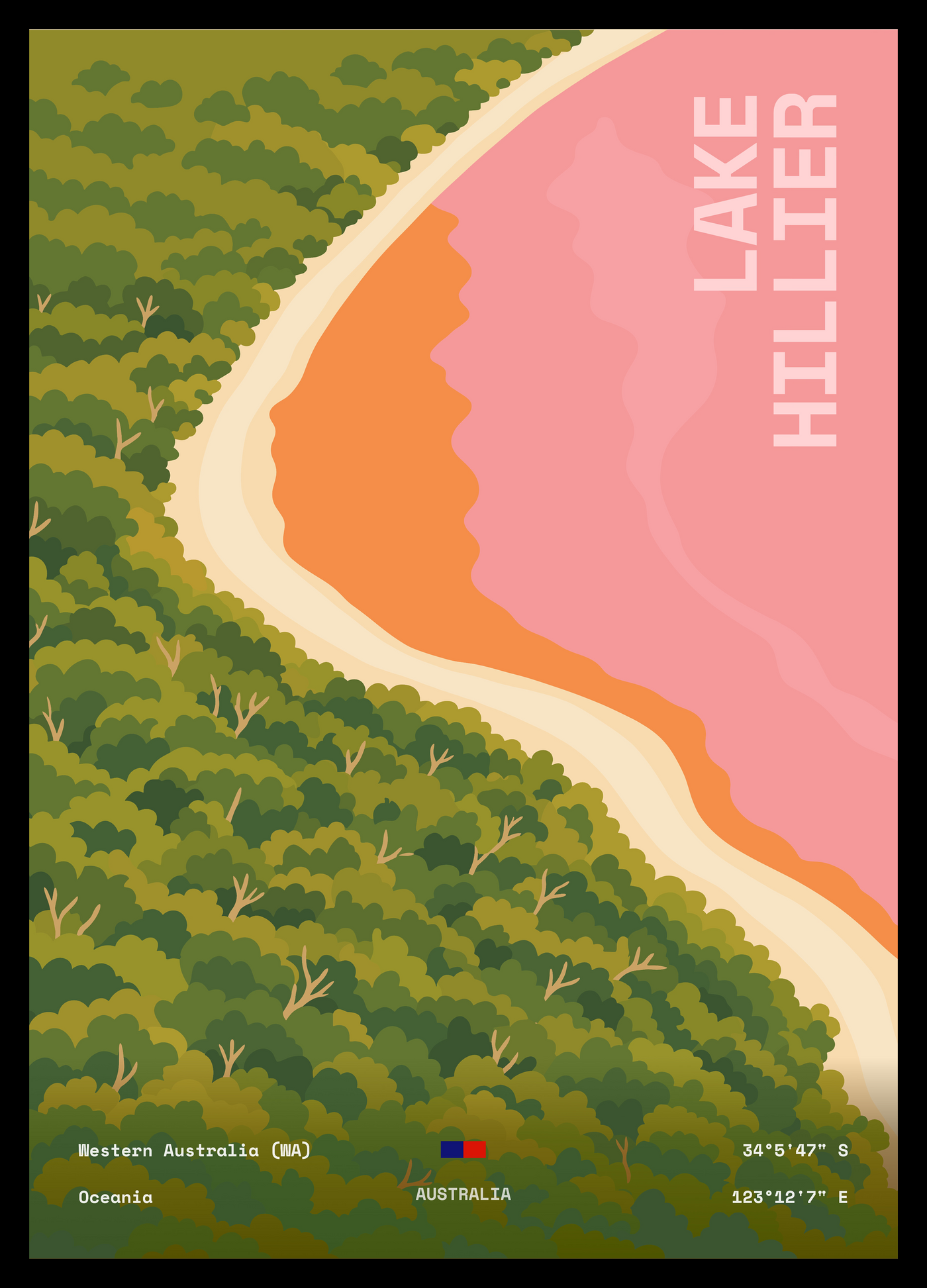 Lake Hillier wall preview — visualize the framed art print on your wall by Dunora