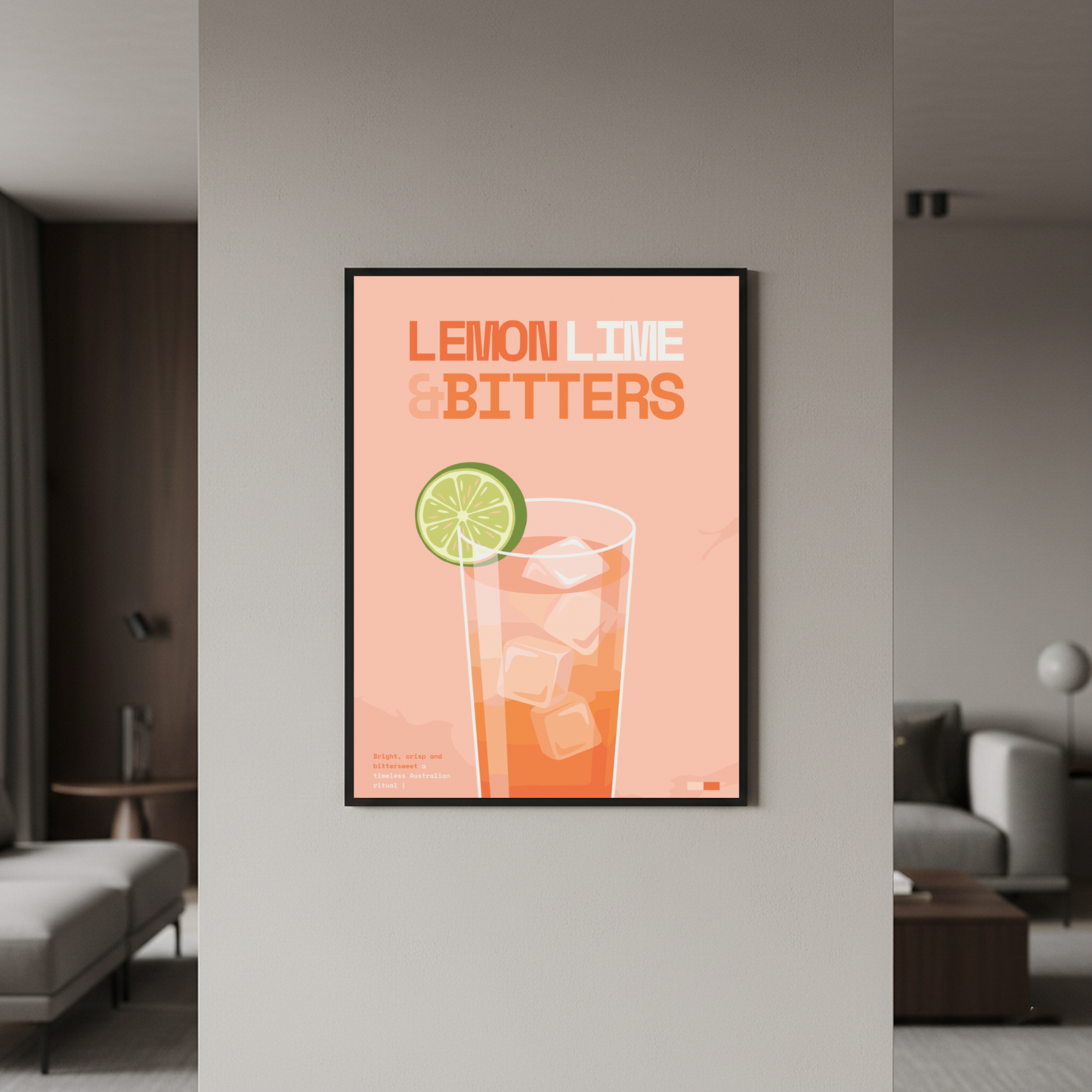 Lemon Lime & Bitters Art Print — black frame in lifestyle setting by Dunora