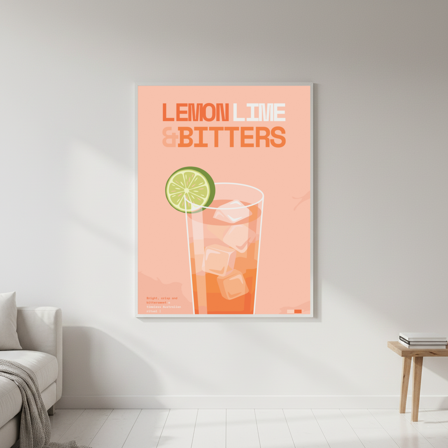 Lemon Lime & Bitters Art Print — white frame in lifestyle setting by Dunora