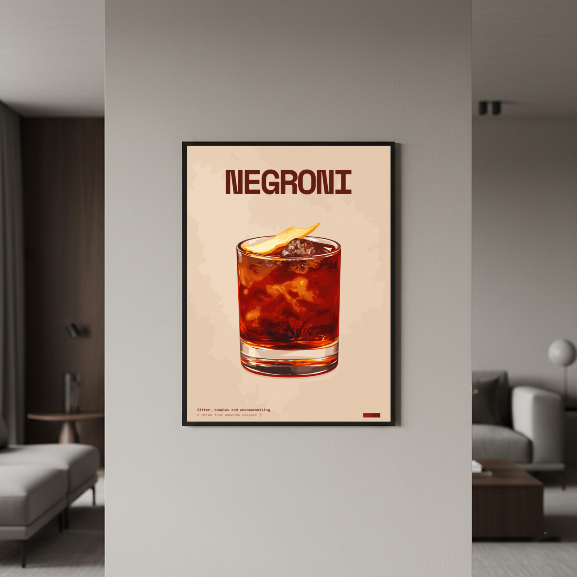 Negroni Art Print — black frame in lifestyle setting by Dunora