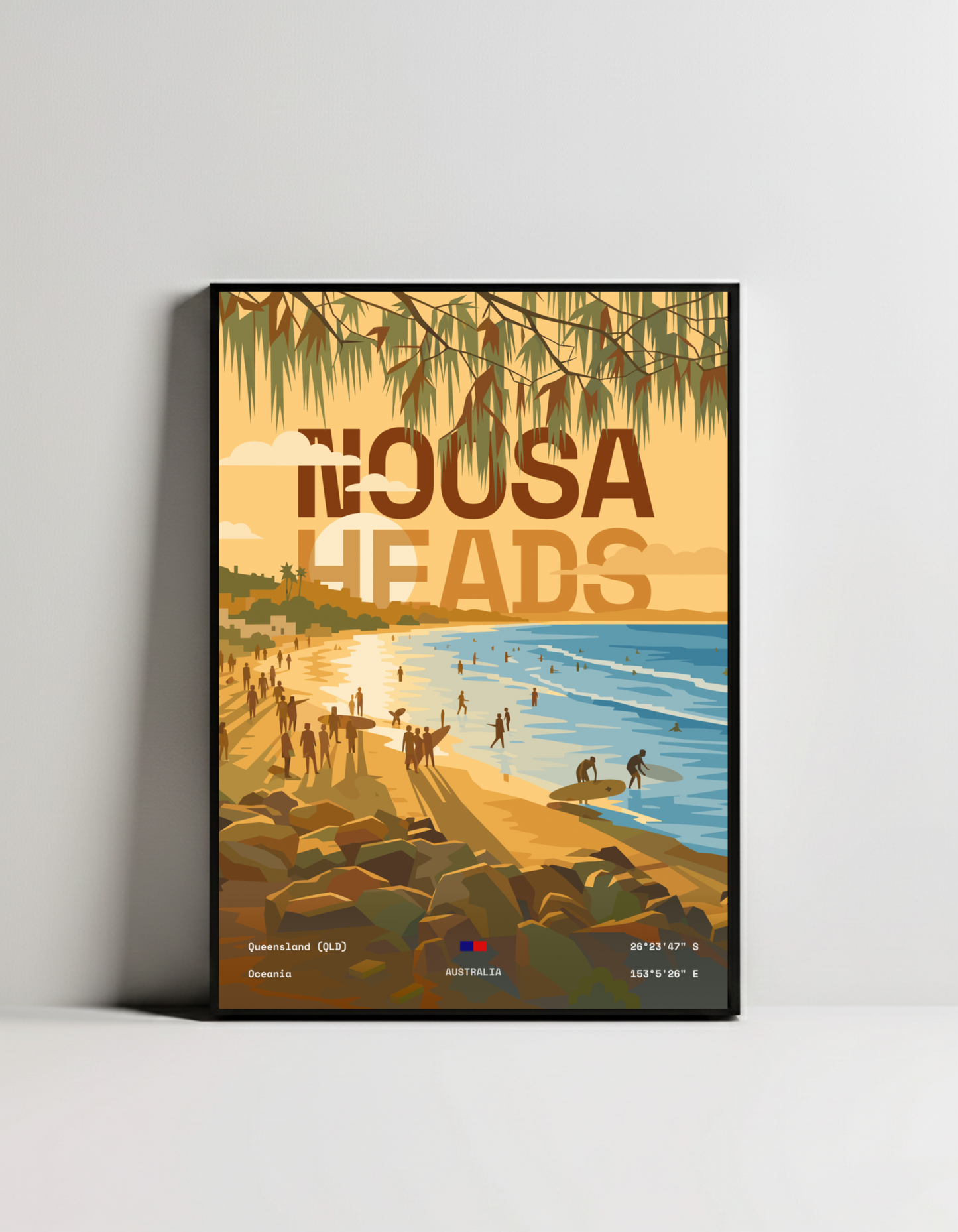 Noosa Heads Queensland minimalist art print — black framed wall decor by Dunora