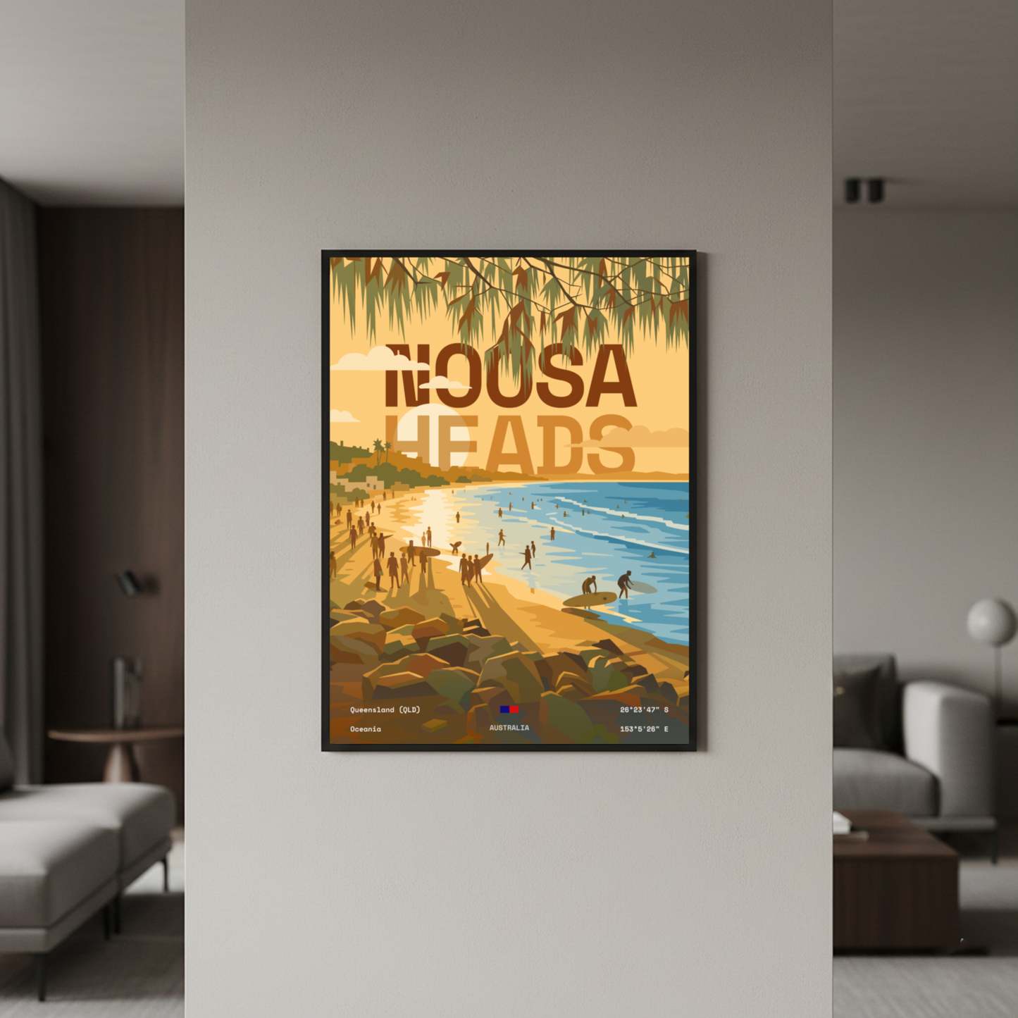 Noosa Heads Queensland minimalist art print styled in a modern interior by Dunora