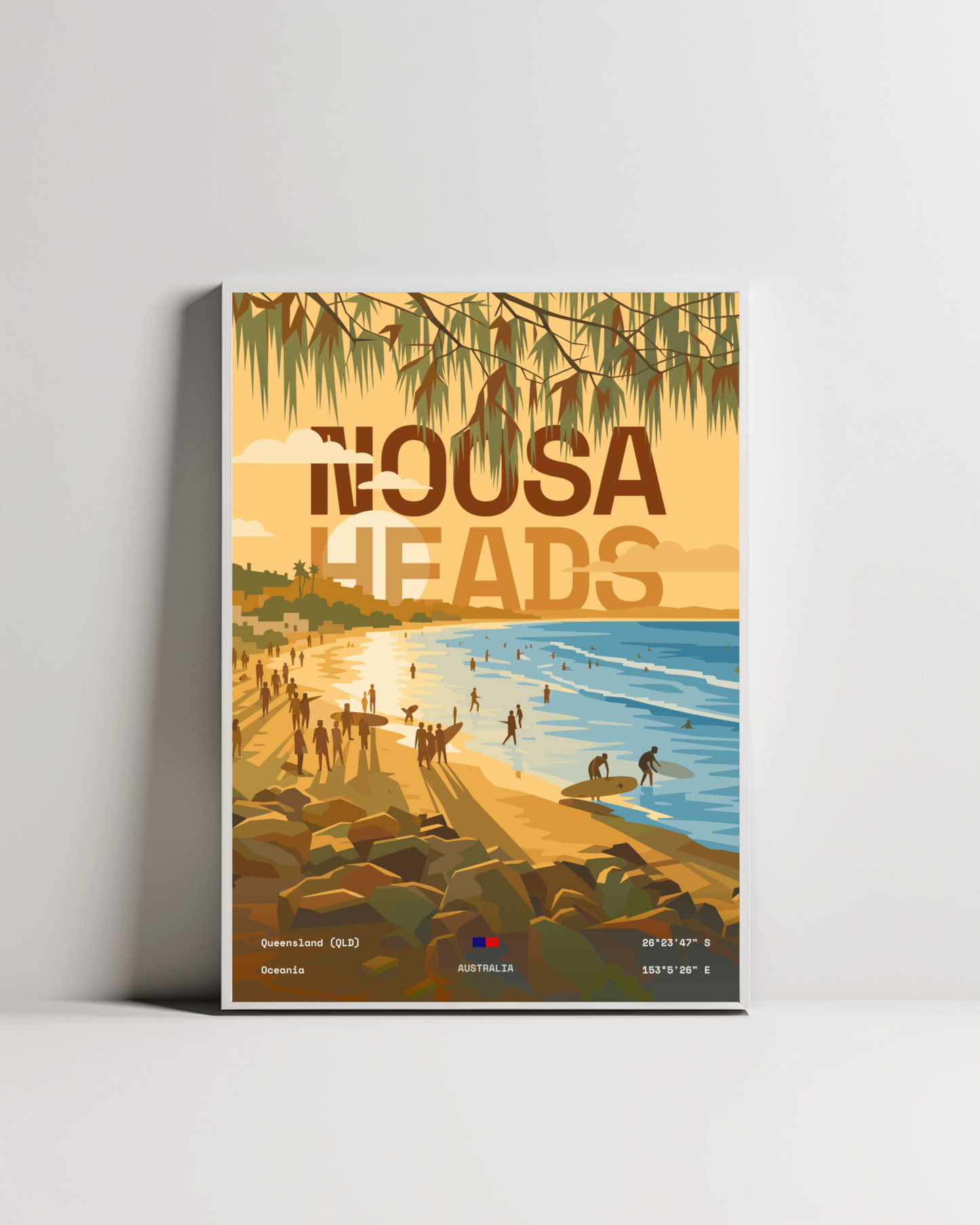 Noosa Heads Queensland minimalist art print — white framed wall decor by Dunora