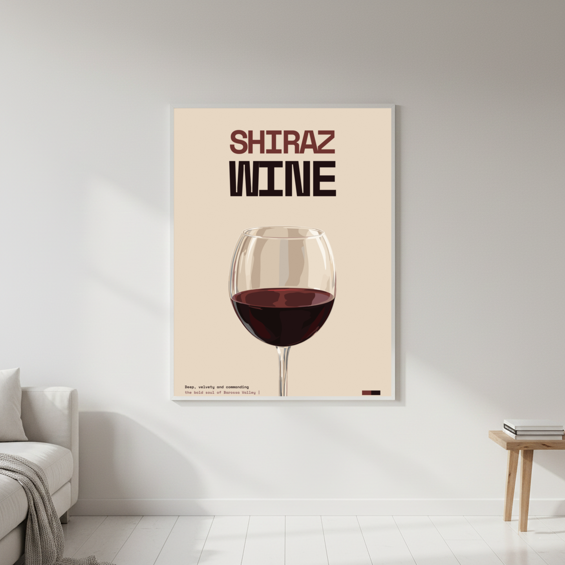 Shiraz Wine Art Print — white frame in lifestyle setting by Dunora