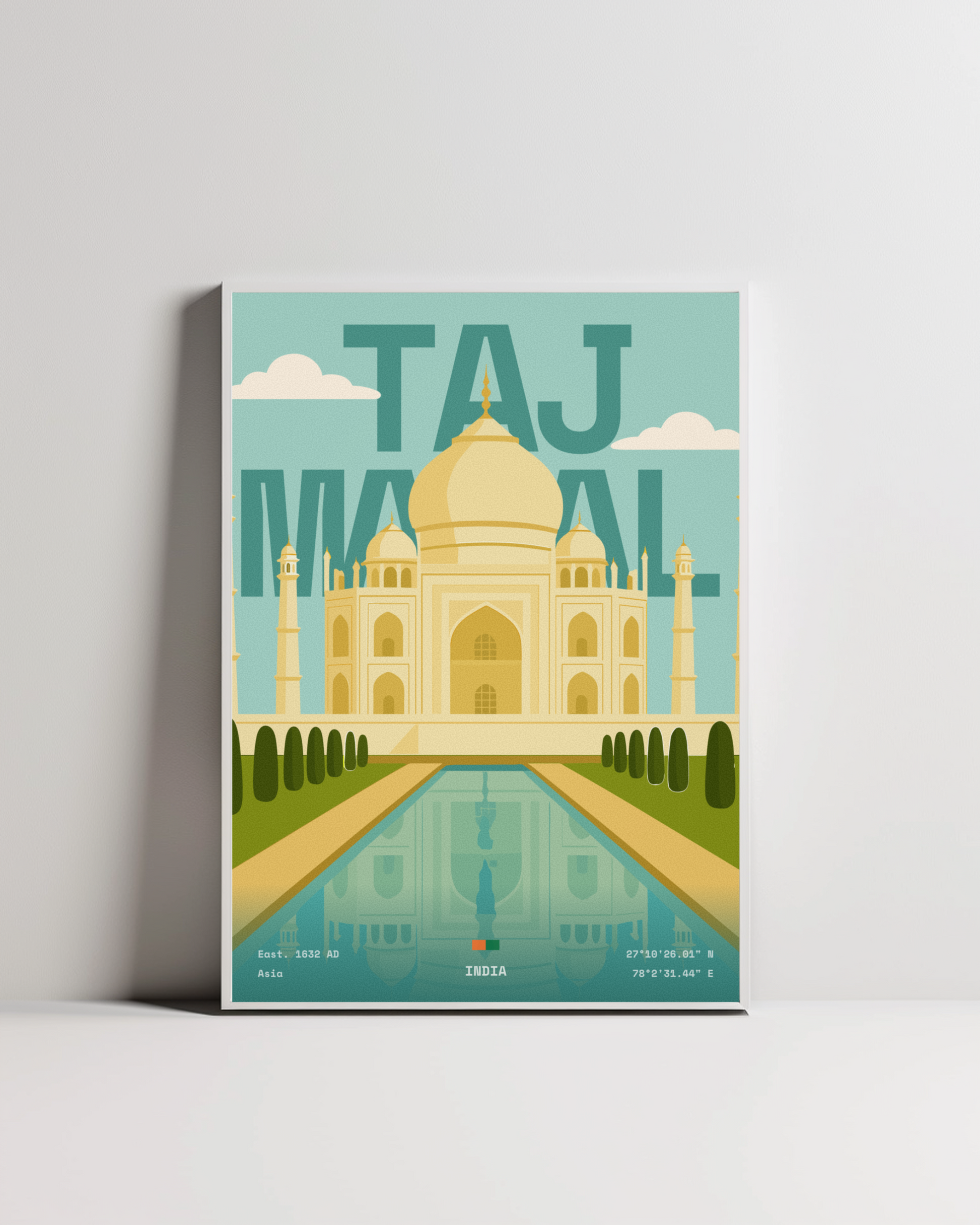 Taj Mahal minimalist art print — white framed wall decor by Dunora
