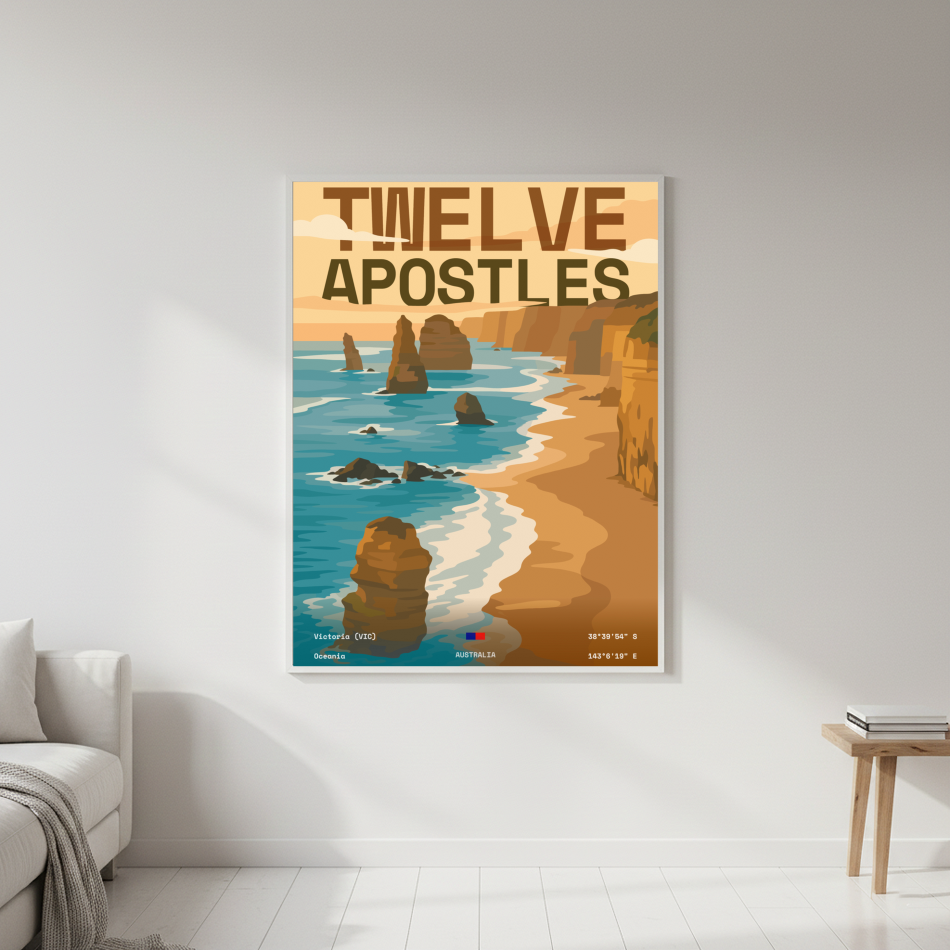 Twelve Apostles Great Ocean Road minimalist art print displayed in a lifestyle setting by Dunora