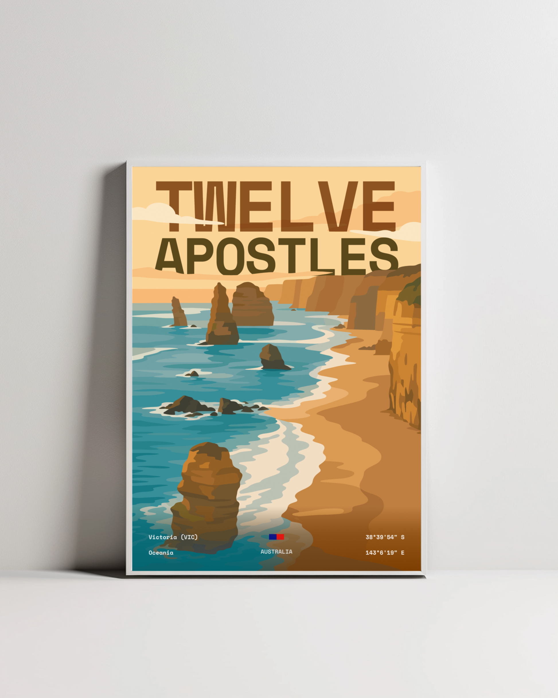 Twelve Apostles Great Ocean Road minimalist art print — white framed wall decor by Dunora